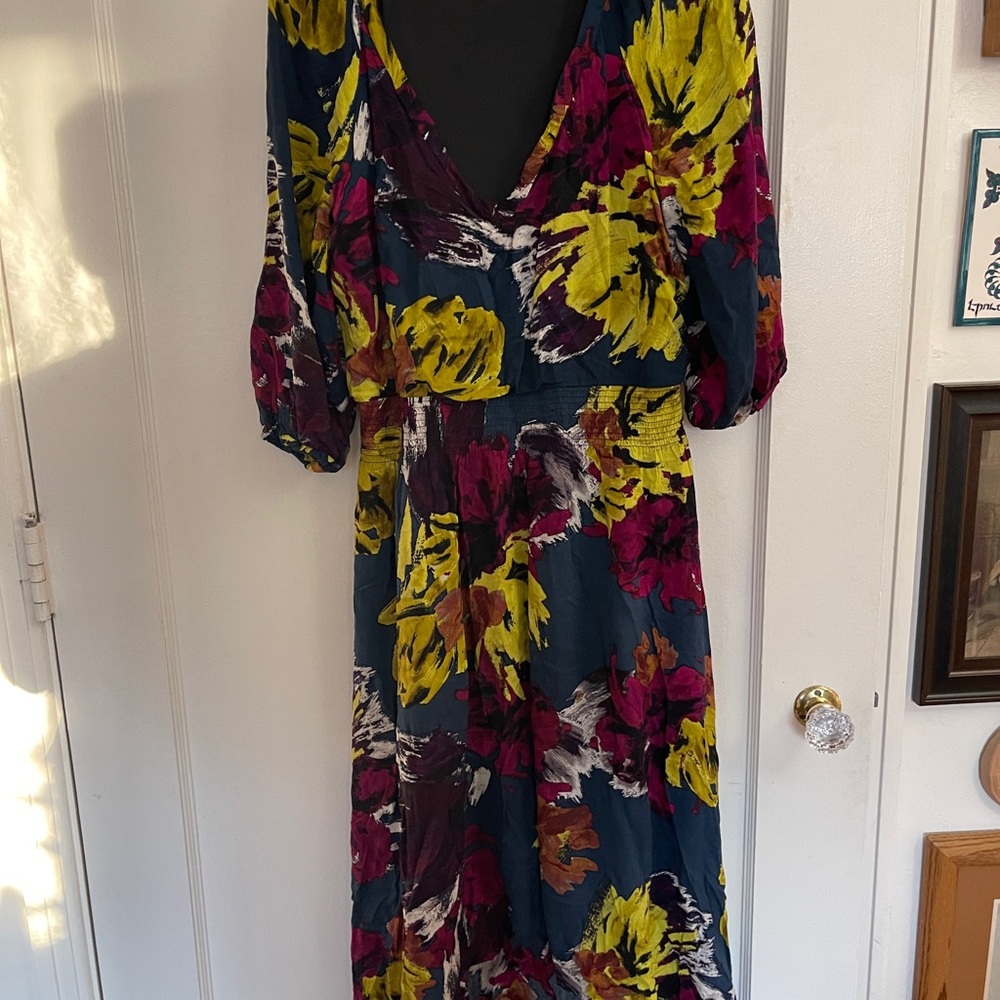 London Times Navy Midi Dress with Yellow and Magenta Floral Print